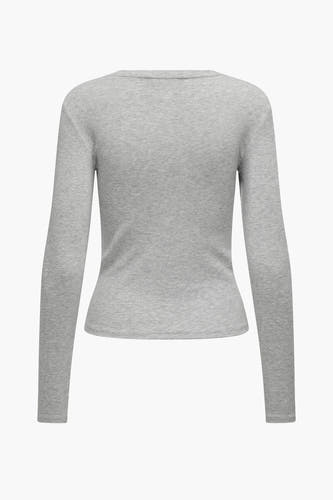 T-shirt gris à manches longues de ONLY, avec une texture lisse et un col rond, vu de derrière.