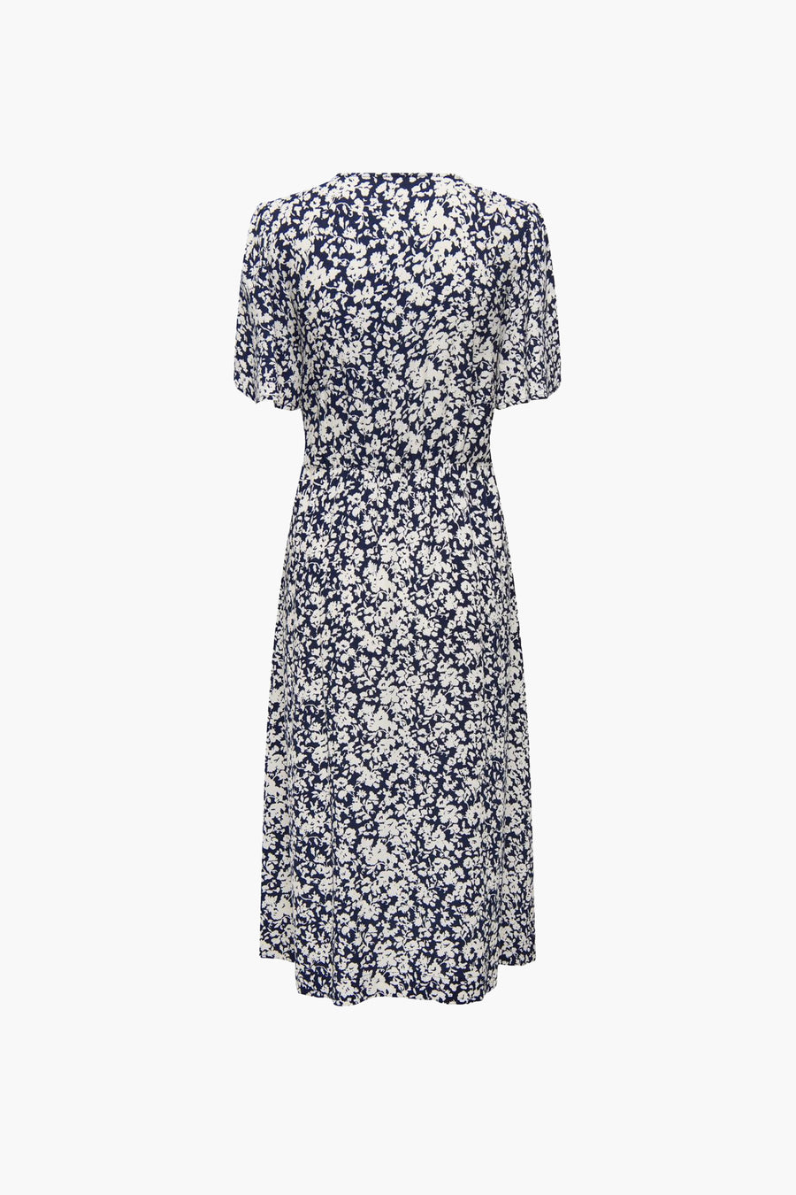 Blauw-witte bloemenjurk met korte mouwen.