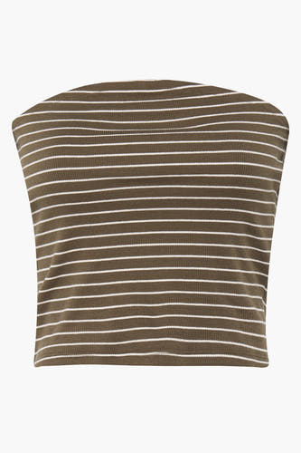 T-shirt sans manches vert ONLY, avec des rayures blanches horizontales et une texture côtelée, échancré.