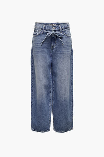 Jean bleu moyen droit de ONLY, avec une ceinture élastique et un lavage stonewash.