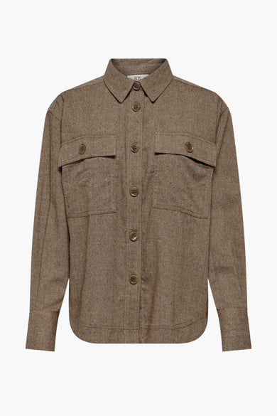 Chemise brune à longues manches de JDY, avec un motif à carreaux et un détail de boutons sur le col.