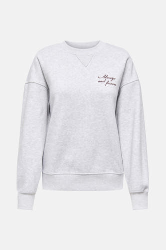 Gilet gris de ONLY®, avec un col rond et le texte "Always and forever" brodé.