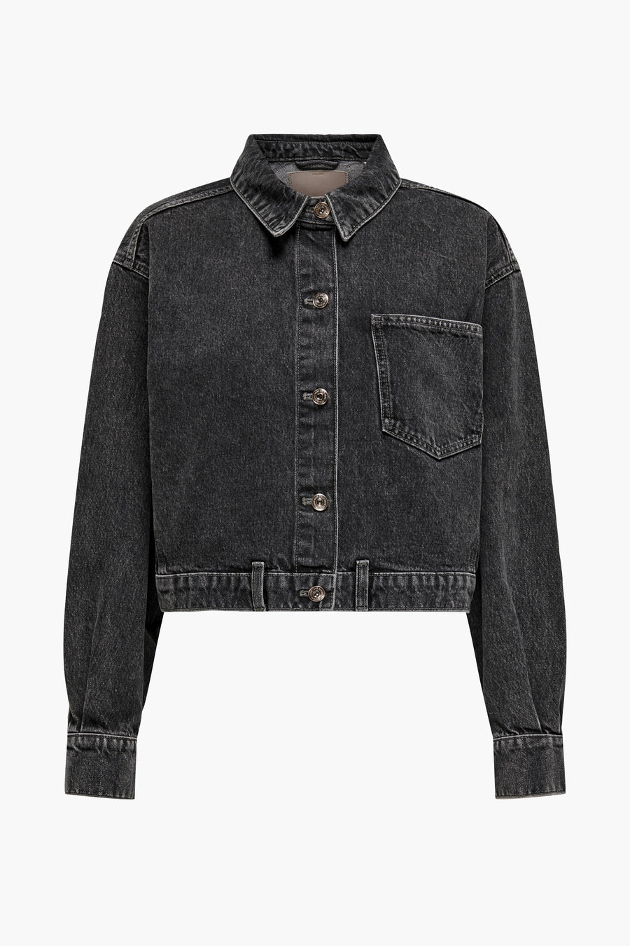 Veste en denim gris anthracite de ONLY, avec des manches longues et une fermeture à boutons.