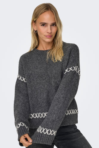 Sweat-shirt gris avec col rond de ONLY, doté de détails croisés blancs et de longues manches.