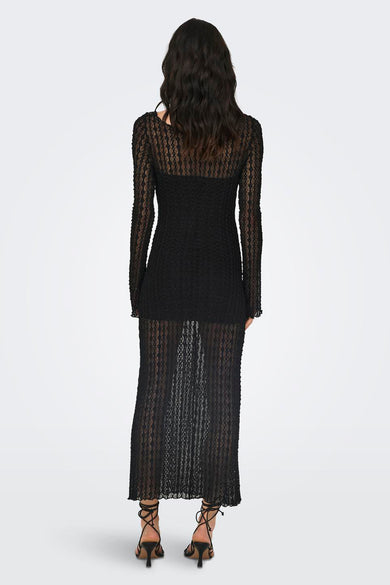 Robe noire à longues manches ONLY, avec une texture en dentelle et un design semi-transparent.