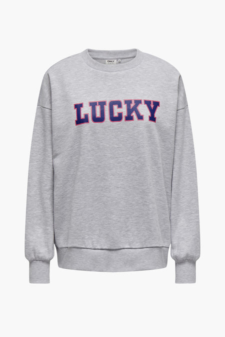 Gilet gris d'ONLY, avec une impression 'LUCKY' en bleu et rose.