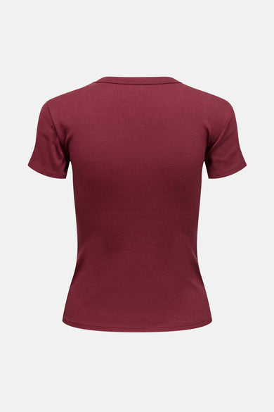 T-shirt Bordeaux à manches courtes de ONLY®, en tricot côtelé, dos visible.