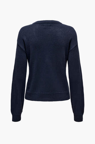 Blauwe trui met ronde hals van ONLY, gezien vanaf de achterkant, met lange mouwen en fijne breistructuur.
