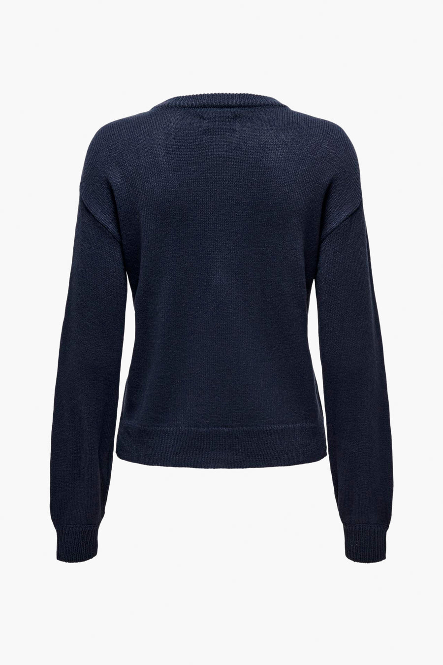 Blauwe trui met ronde hals van ONLY, gezien vanaf de achterkant, met lange mouwen en fijne breistructuur.
