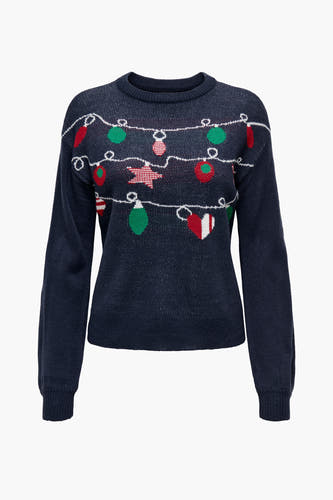 T-shirt bleu avec col rond de ONLY, décoré d'un motif de décoration de Noël.