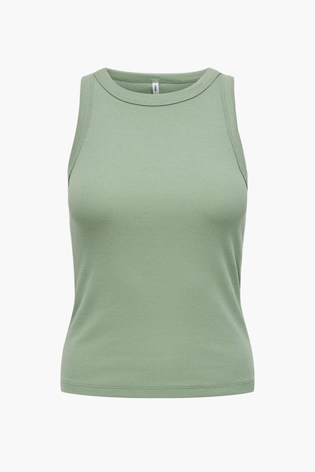 Haut sans manches vert en tissu côtelé, de la marque ONLY®, modèle ajusté avec col rond, vue de face