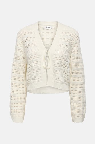 Ivoorwit gebreid vest met lange mouwen en vetersluiting.