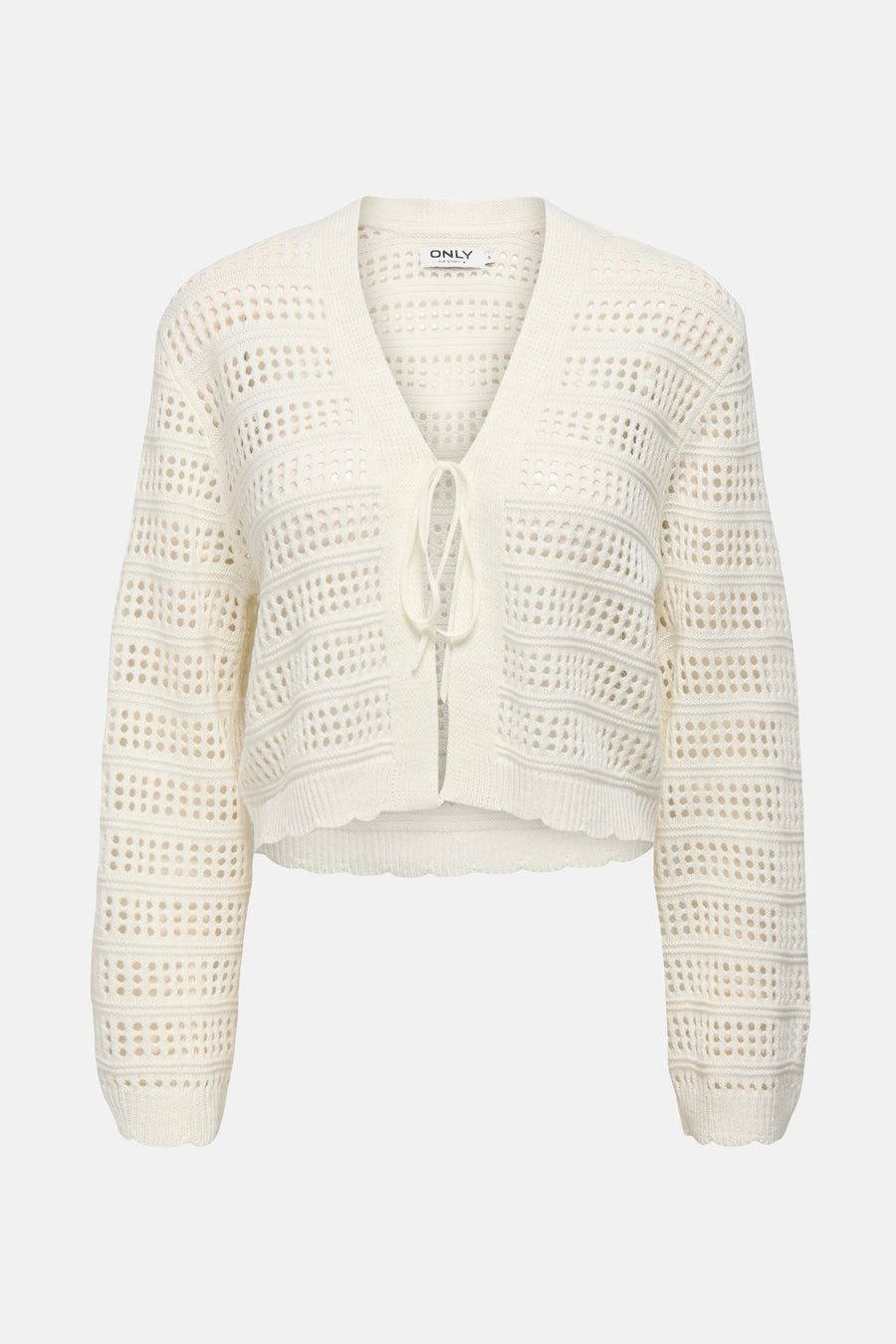 Ivoorwit gebreid vest met lange mouwen en vetersluiting.