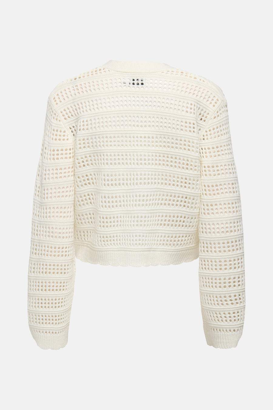 Gebroken witte, opengebreide trui met lange mouwen.