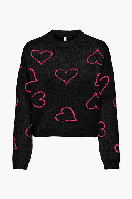 Pull-over noir avec col rond de ONLY, avec un motif de cœurs roses sur toute la surface.