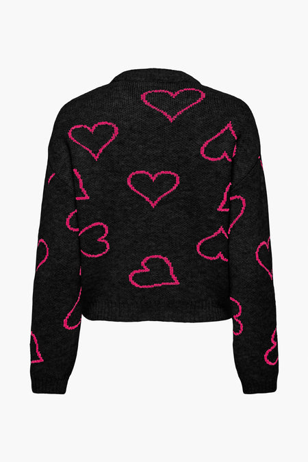 Pull noir avec col rond de ONLY, à motif de cœurs roses.