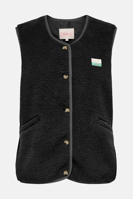 Gilet chauffant noir d'ONLY, avec fermeture à boutons et une broderie.