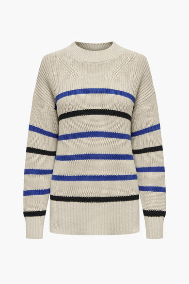 Gilet rayé beige avec des rayures bleues et noires.
