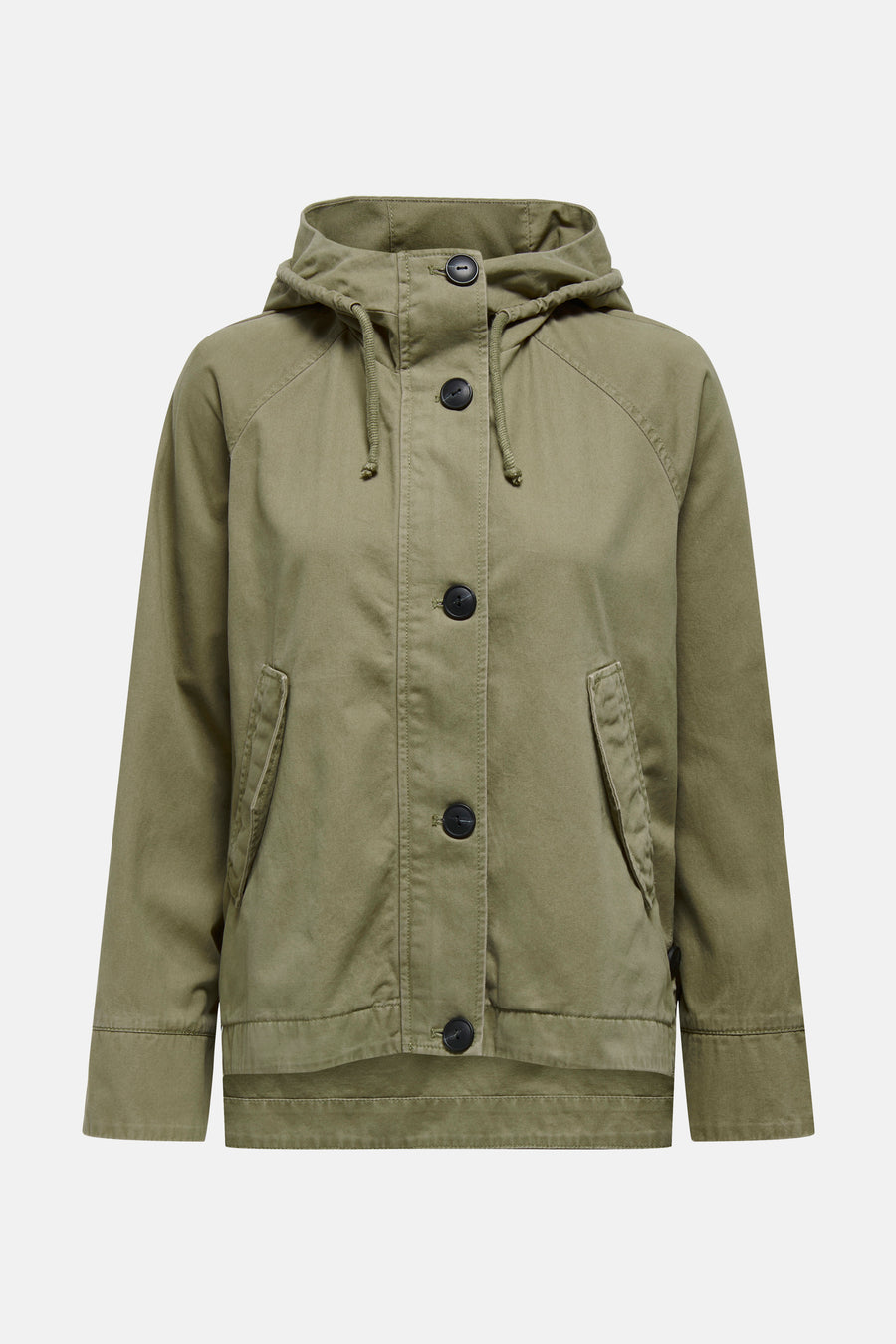Olijfgroene jas met knopen en capuchon.