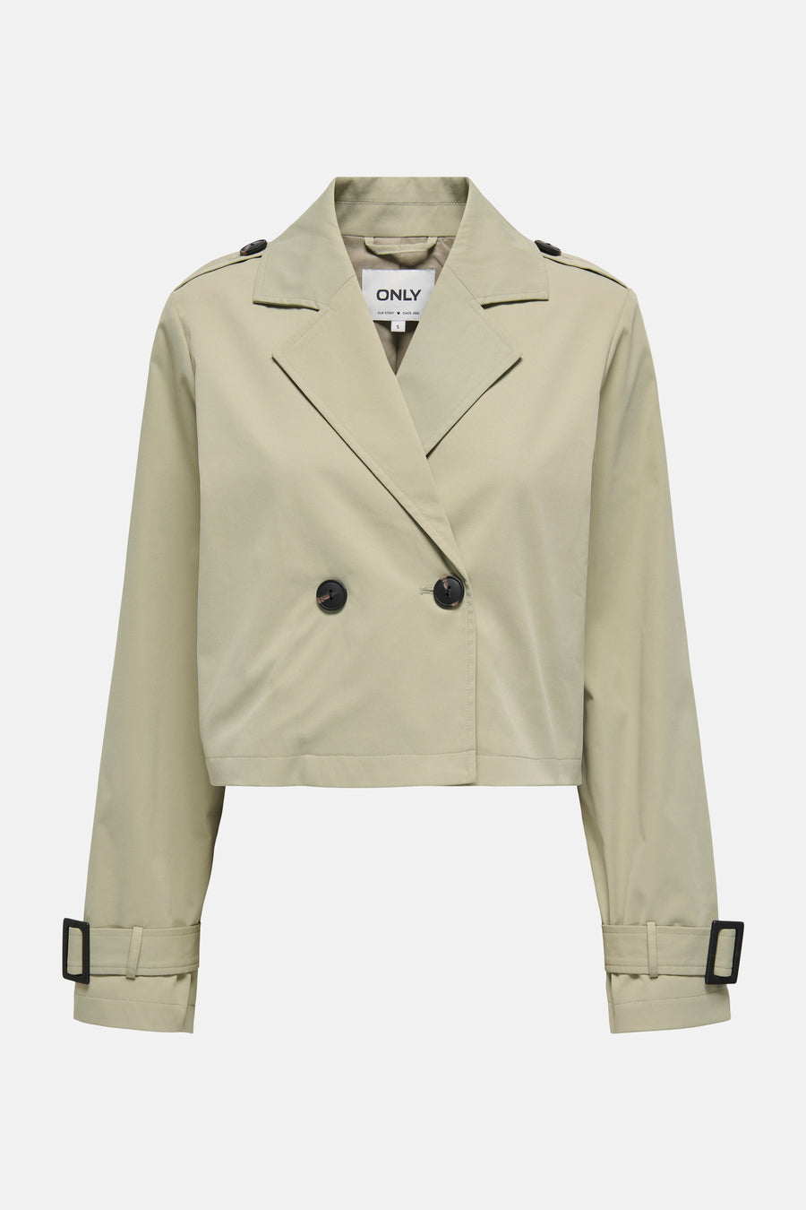 Kort beige trenchcoat van ONLY met zwarte knopen en ceintuur.