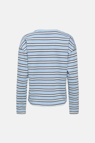T-shirt à manches longues bleu de ONLY, avec des rayures horizontales bleues, blanches et marron.