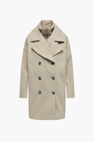 Manteau long beige de JDY, vu de de l'arrière avec une large encolure et des manches longues.