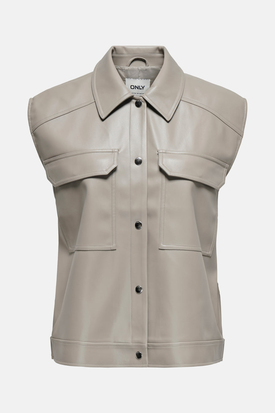 Veste en cuir beige ONLY, avec fermeture à boutons et deux poches po.