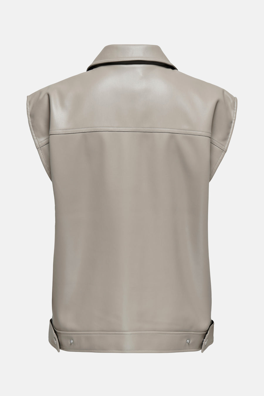 Manteau de cuir beige ONLY avec un col et des détails à pressions sur le dos.
