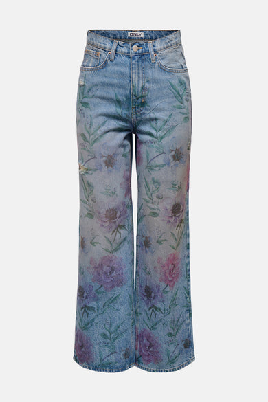 Jean en denim bleu avec des jambes larges de ONLY, le dos présenté avec des poches arrière et des passants.