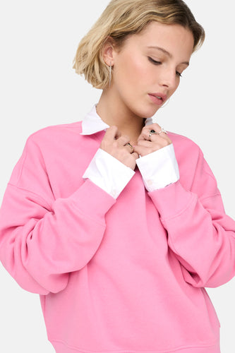 Vrouw met roze sweater en witte blouse.