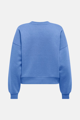Blauwe sweater met lange mouwen.