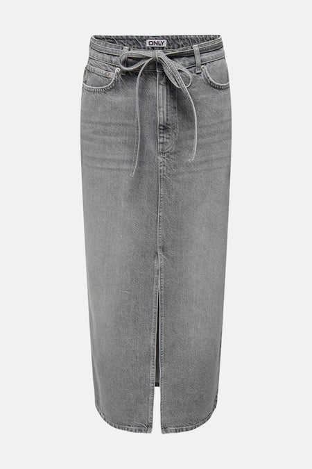 Jupe en denim gris d'ONLY, avec ceinture élastique et fendue à l'avant.