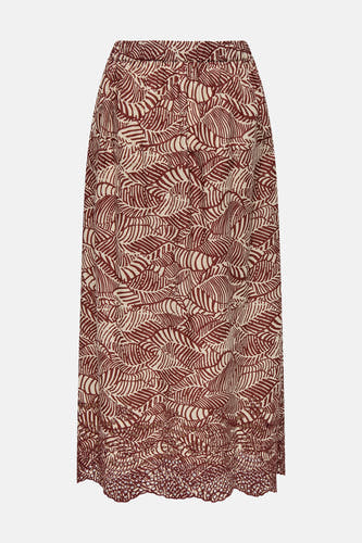Long manteau brun d'ONLY, avec imprimé feuille et détails sur les bords inférieurs.