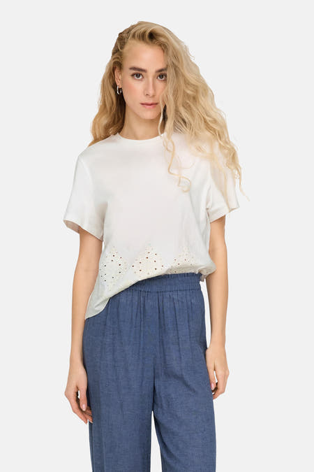 T-shirt blanc à manches courtes de JDY, avec des détails ajourés le le col, associé à un pantalon bleu.