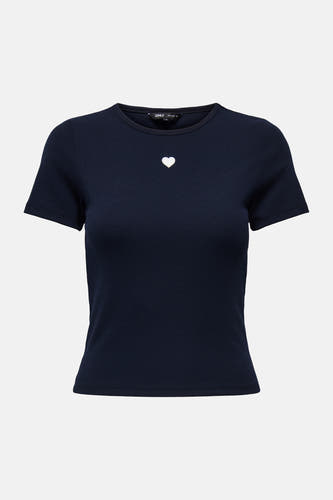 T-shirt bleu à manches courtes de ONLY®, avec un imprimé cœur blanc sur la poitrine.