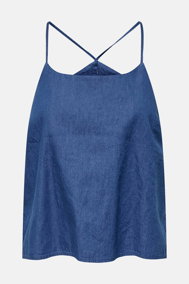 Blouse sans manches en denim bleu moyen de ONLY, avec des liens croisés sur le dos.