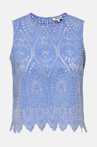 Blouse à manches longues bleue sans manches ONLY avec broderie anglaise et un bord sculpté.