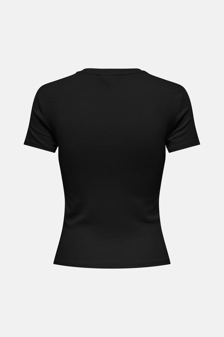Zwart korte mouwen T-shirt van ONLY®, achterzijde, strakke pasvorm, gladde stof, minimalistisch design