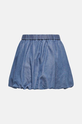 Short denim skirt, mid blue from ONLY®, with elastic waistband and balloon-shaped pleats.
