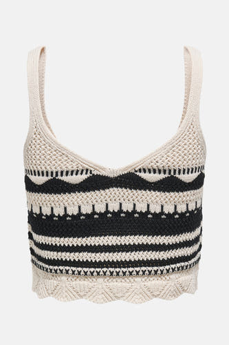Top écru sans manches de ONLY, avec un motif de rayures tricoté en noir et écru et des détails décoratifs.