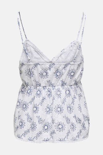 Blouse sans manches blanche de ONLY, avec imprimé de fleurs bleues et détails en dentelle.