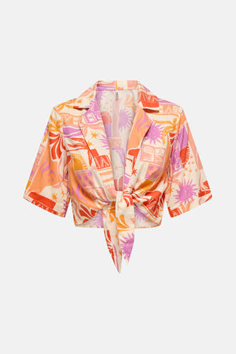 Blouse multicolore à manches courtes de ONLY, avec une impression estivale et un détail de nœud à l'avant.