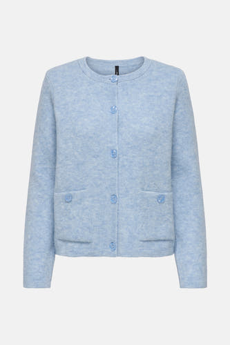 Veste bleue ONLY®, avec des manches longues et une douce texture tricotée sur un fond uni.