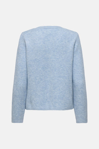 Blauw vest van ONLY®, met lange mouwen en een zachte, gebreide textuur tegen een effen achtergrond.
