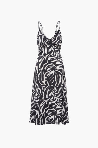 Robe noire sans manches d'ONLY, avec un motif abstrait noir et blanc et des doubles rubans spaghetti.