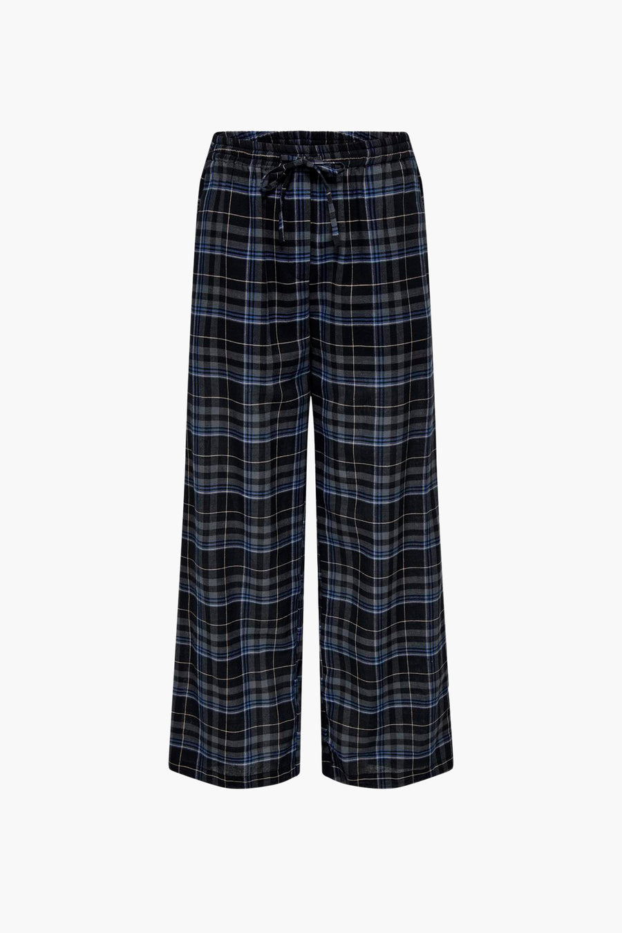 Een zwart-grijze, wijde, geruite broek met trekkoord.