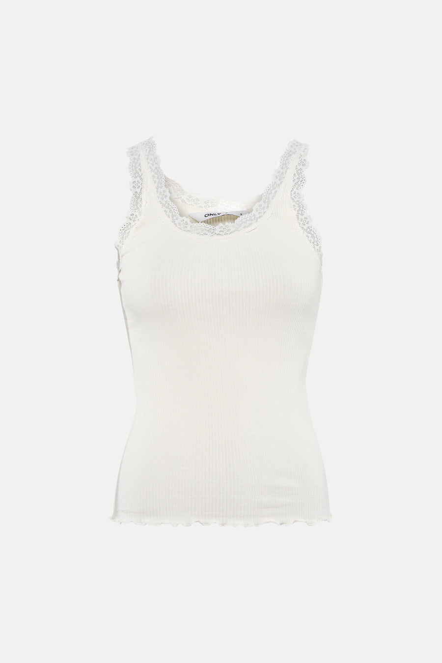 Haut côtelée blanche ONLY® avec encolure en dentelle et ourlet festonné.