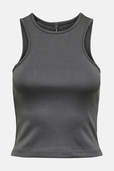 T-shirt sans manches gris ONLY, avec une texture côtelée et des paillettes.