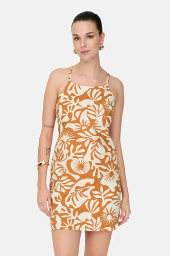 Robe sans manches orange ONLY, avec un motif de fleurs blanches.