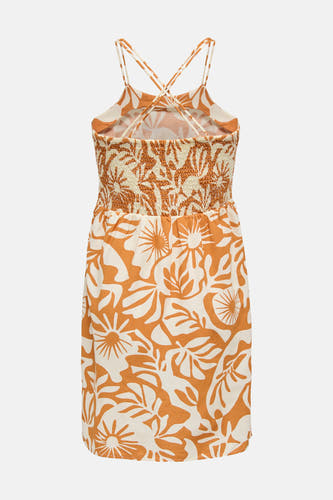 Manteau sans manches orange de ONLY, avec motif floral brun et blanc, fines bretelles et taille cintrée.